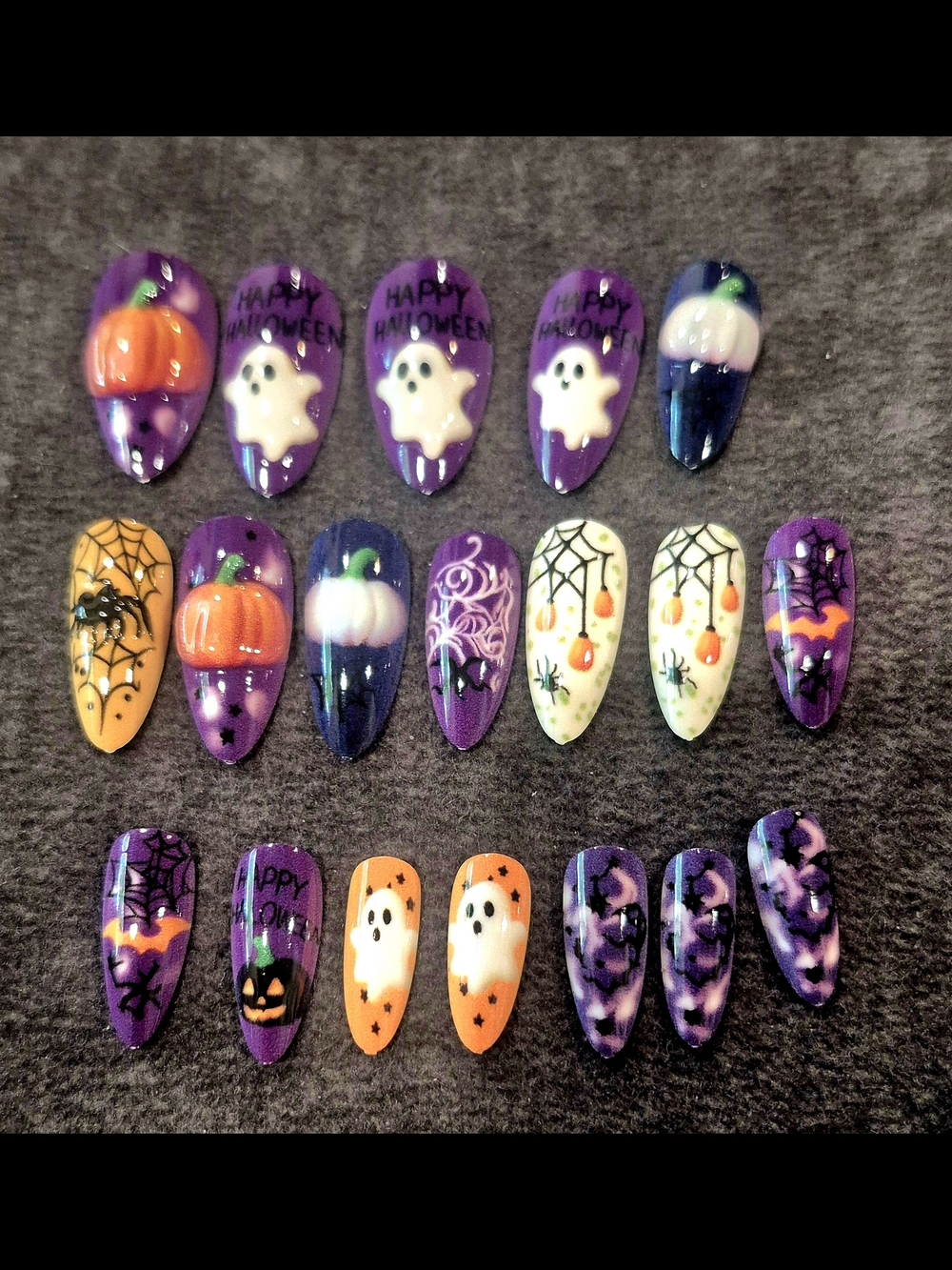 24 Stiletto Nails Halloween Pumpkin Ghost Spider web Purple black orange New